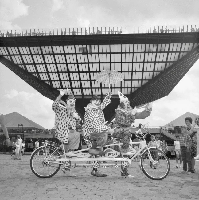Clowns in front of the Canadian Pavilion at Expo 67, Montreal. © Government of Canada. Library and Archives Canada