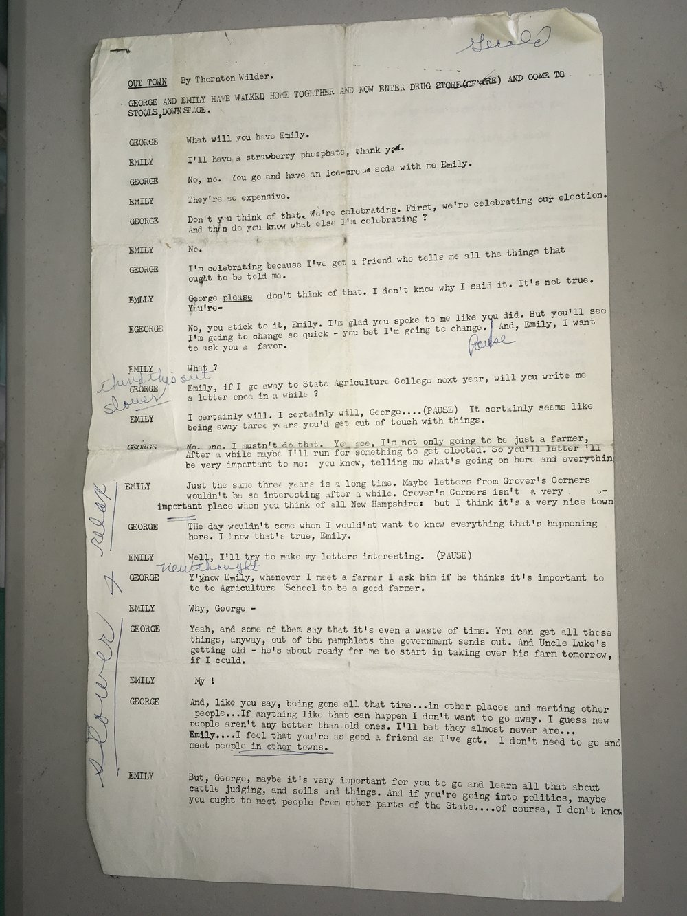 Our Town script with Gerald Isaac notes p. 1
