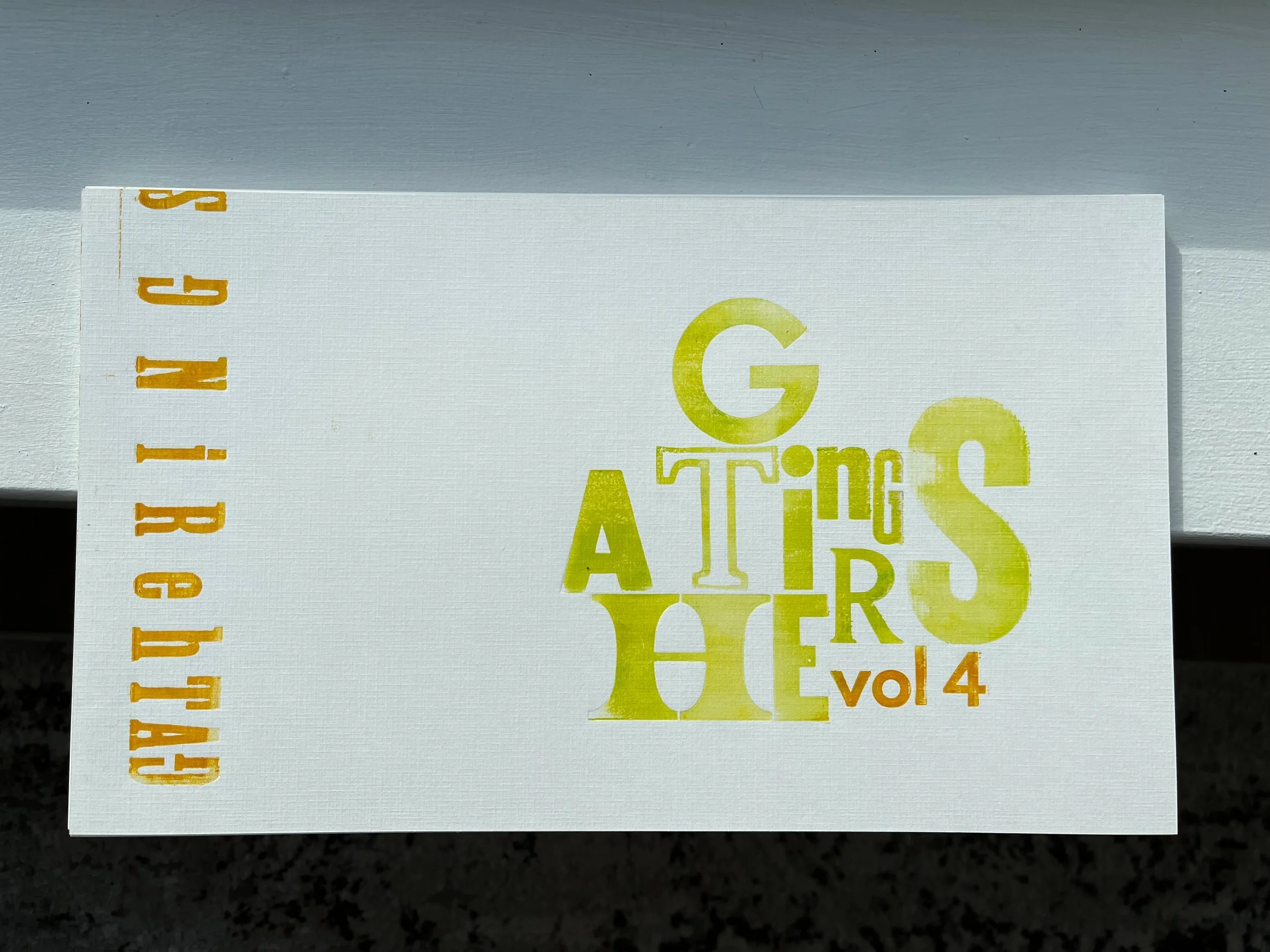 The Gatherings Chapbook Volume 4 is here! 

A few weeks ago, Stephen Johnson, Sarah Robbins, and Jenn Cole visited Jackson&rsquo;s Creek Press in Peterborough, Ontario, to print the latest volume of the Gatherings Chapbook. Check out a few behind the