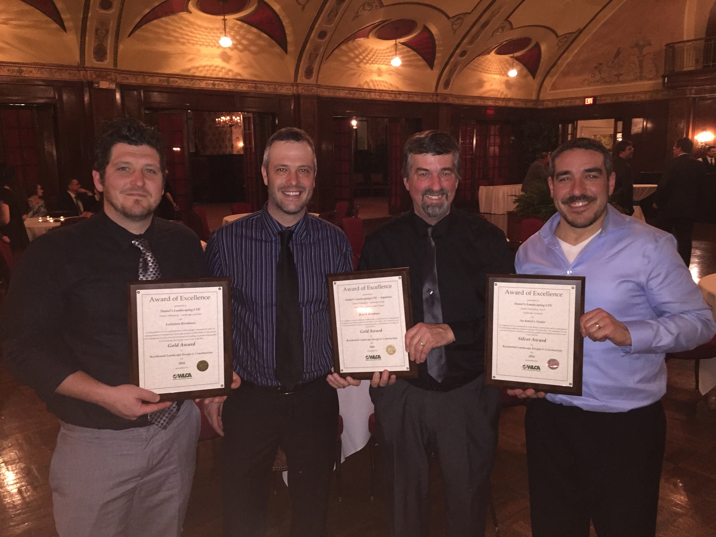 Daniel's Landscaping was honored at the WLCA Excellence in Landscaping Awards Banquet at the Wisconsin Club. Pictured from left to right: Jared Stuht, Matt Stuht, Dan Stukenberg and Ciano DeLeon