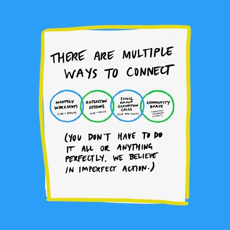 There are multiple ways to connect: Monthly workshops, reflection sessions, small group connection calls, community space. (You don't have to do it all or anything perfectly. We believe in imperfect action.)
