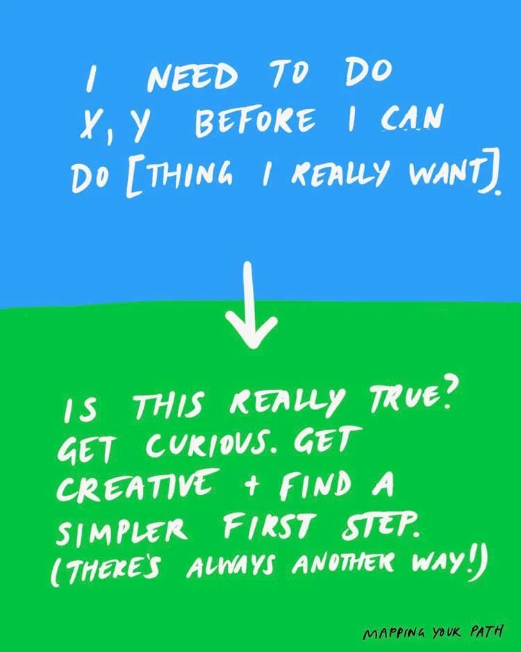 I need to do X, Y before I can do [thing I really want]. {ARROW TO} Is this really true? Get curious. Get creative + find a simpler first step. (There's always another way.)