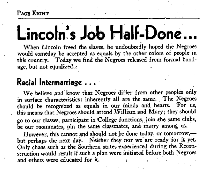 A 1945 editorial in The Flat Hat , the College of William & Mary's student newspaper. The writer of the editorial, editor Marilyn Kaemmerle, was fired.