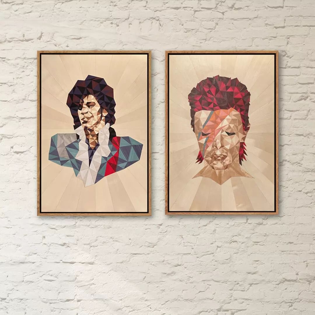A diptych of marquetry pop icons!

Larger format than usual at 600mm X 900mm and mounted on 15mm board with solid Sycamore edges.&nbsp; These two have headed off to New York to be installed in a beautiful music room.

The marquetry features various d