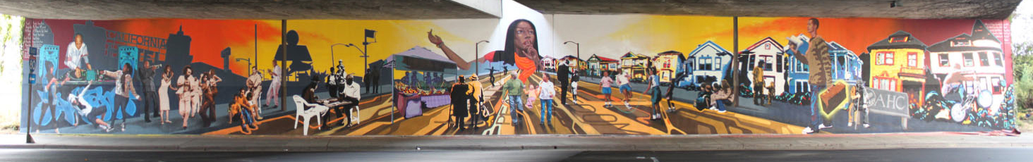 This mural was designed and created in partnership with students from McClymonds High School. The mural includes these characters: Ja’Khi is the princess of knowledge. She influences the people in her life to achieve the impossible. Josiah is the messenger of fate. He works together with Ja’Khi changing the lives of people around the world. He is a McClymonds High alumnus who uses his success to help people take control of their lives. DJ Justice is a DJ who spins and hosts block parties in West Oakland. These block parties are a way to unite all people and ignite fires of change. DJ Justice plays uplifting music that influences unity and change. Click here to read more.