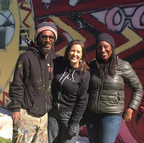 Lead Mural Artist Andre Jones (pictured on the left) was more than excited to have the likes of Mayor Libby Schaaf (pictured in the middle) and longtime community champion and AHC Executive Director Amana Harris (pictured on the right) by his side on his co-designed works of art.