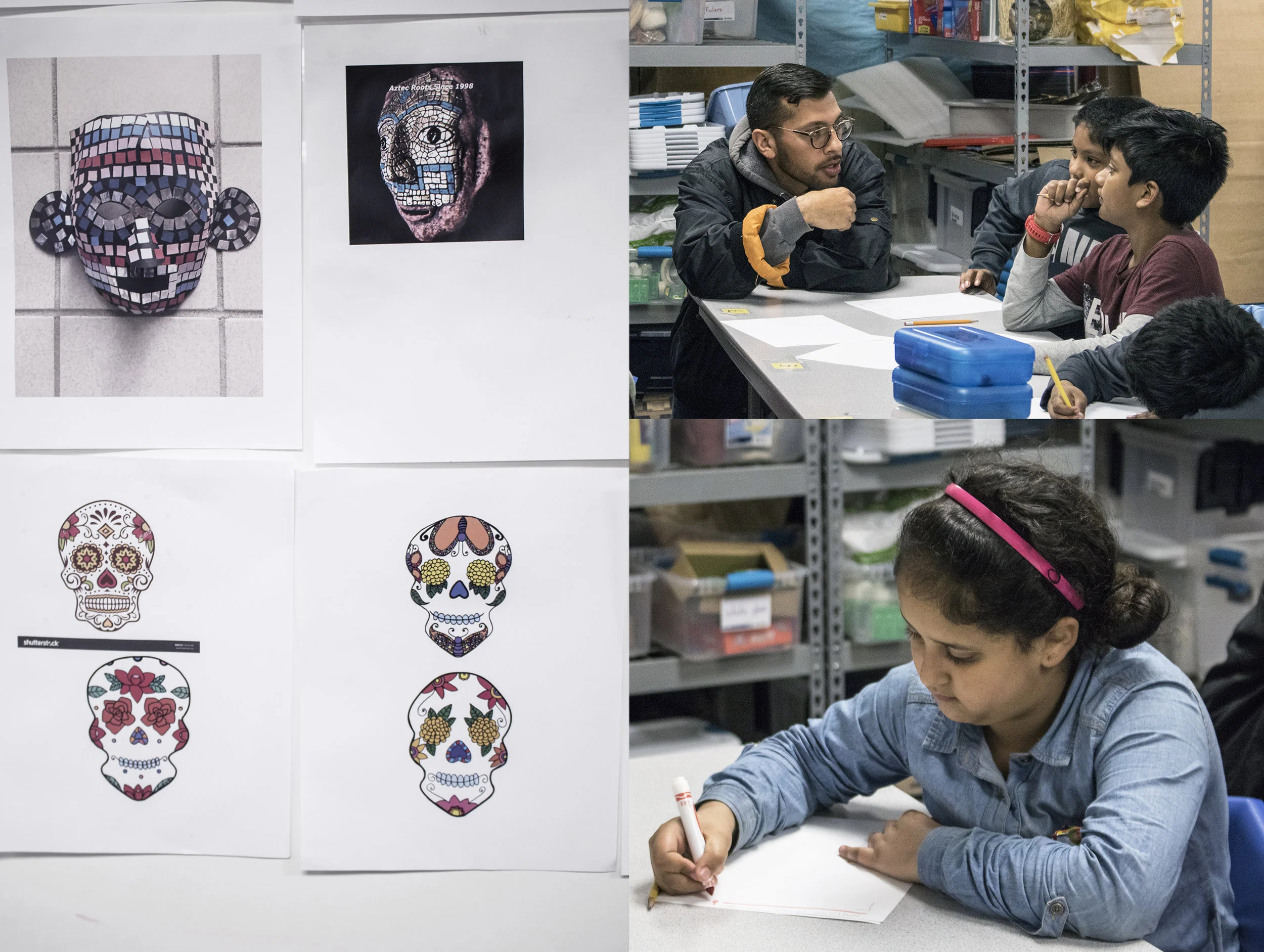 From left: Mask inspiration, Mr. Eddie helps out, student writes down her strengths.