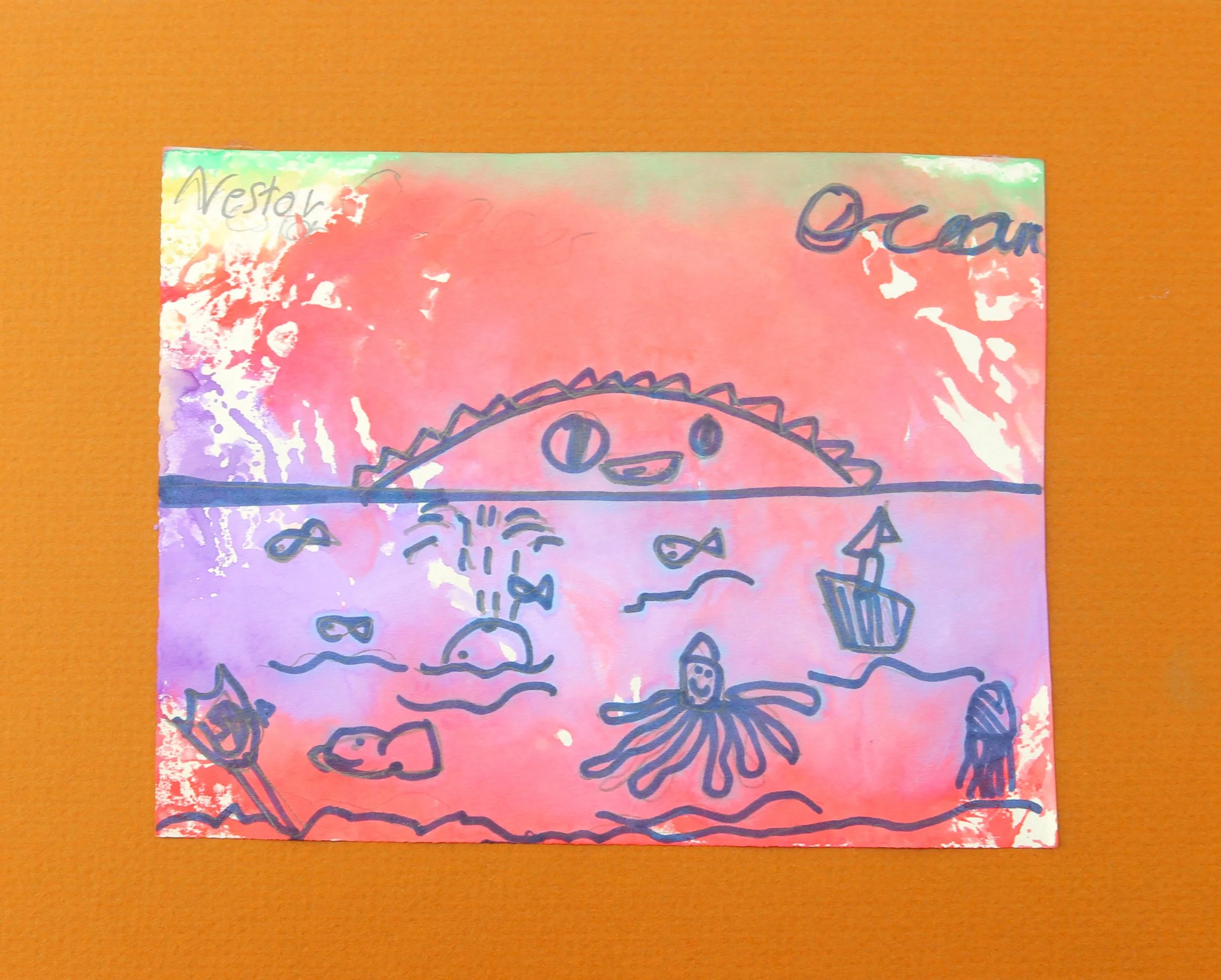   Nestor C. N. | Cristina Delgado's Class   Community School For Creative Education Extended Day Program | 2nd Grade     Ocean - Mixed Media Art Series  (2024)  Pencil, Marker, Tinfoil, Watercolor    The CSCE Extended Day Program TK-2nd grade student