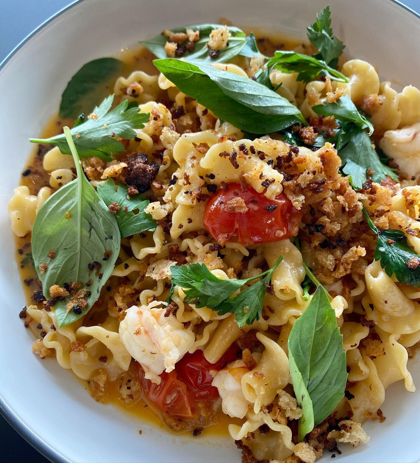 House made campanelle, king prawns, tomato, herbs, garlic &amp; pangrattato!

On our lunch menu now!