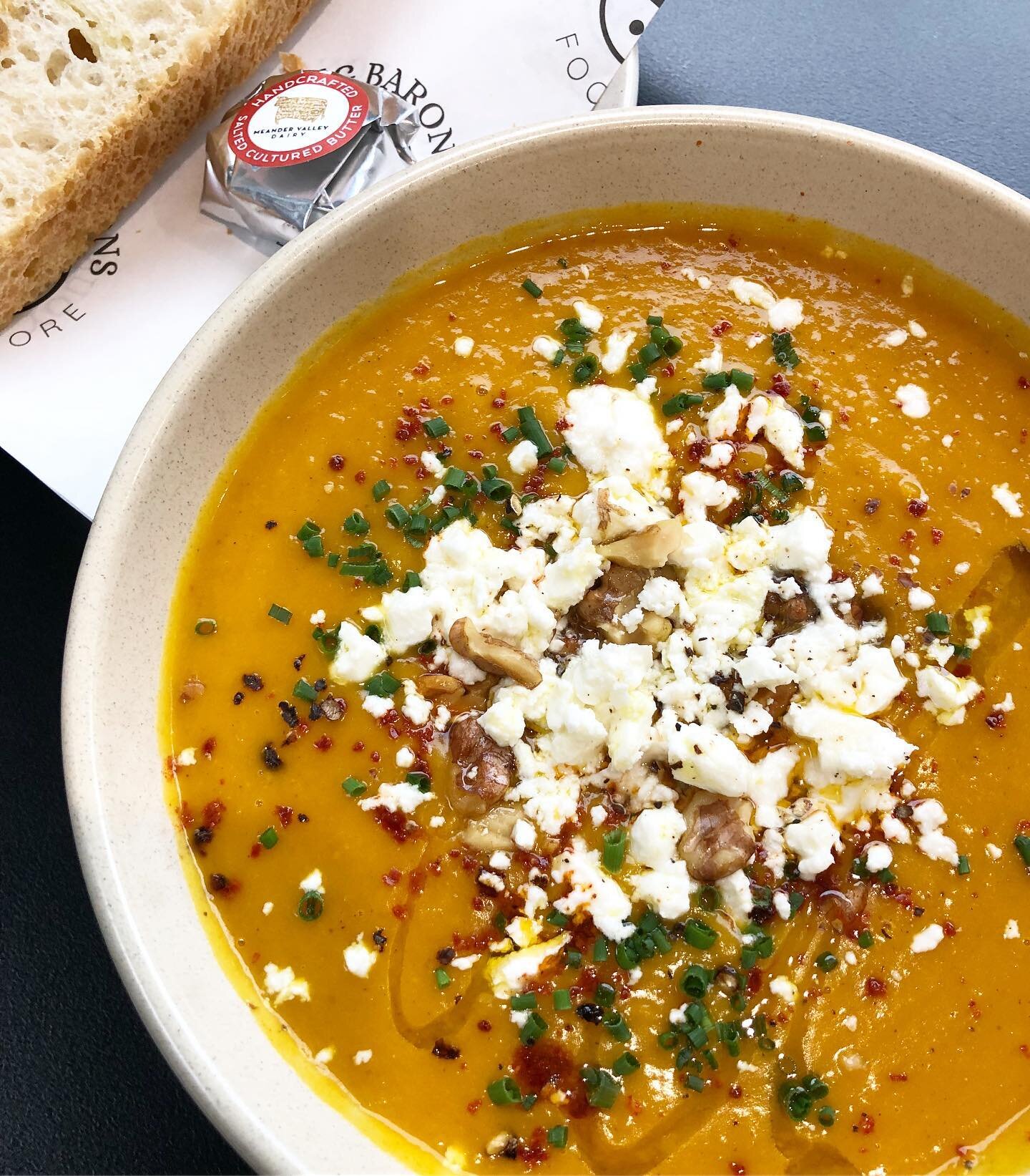 Day for it! ☔️ 

Pumpkin soup, feta, walnut &amp; chives. Served with focaccia!