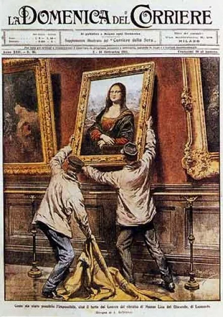 Italian newspaper with a rendering of the theft of the Mona Lisa.