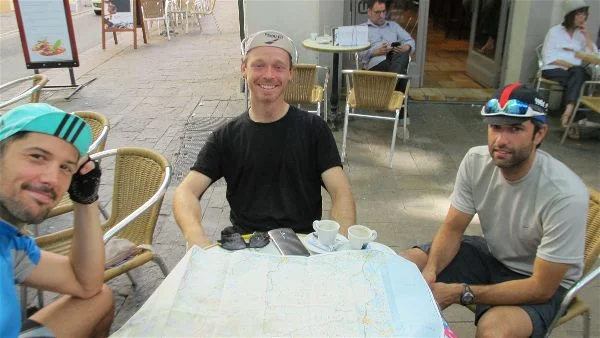 Bike tourists on the terrace of the Grand Café in Céret, France, where Picasso and his gang used to hang out. Photo Travellati Tours.