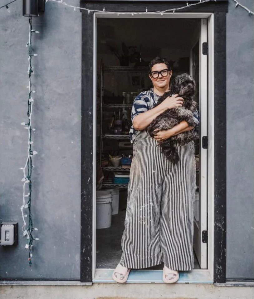 Julie and Louie at the studio door