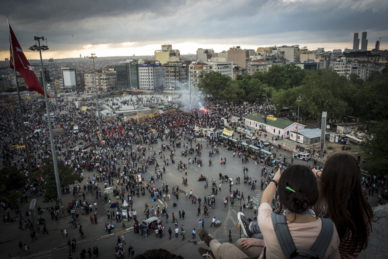  An aerial view of Taksim Square from the Ataturk Cultural Center on June 2, 2013. Protests began as a fight to save Gezi Park in central Istanbul. After the small peaceful protest was overrun by the police force- violently using tear gas and pepper 