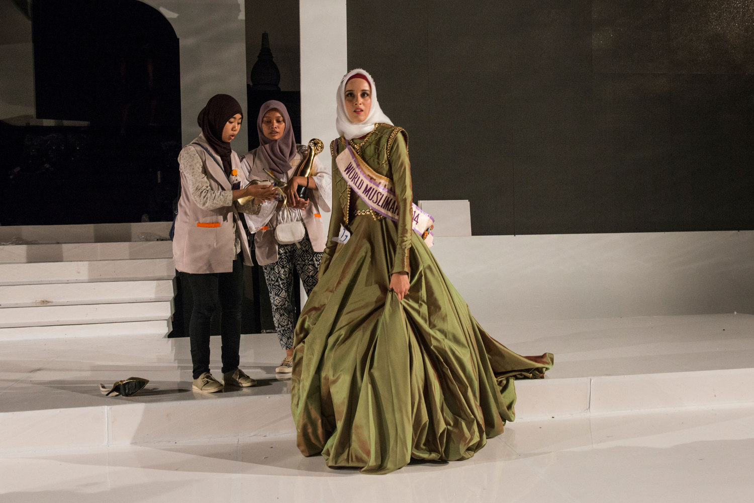  After the event is over, Miss Muslimah 2014- Fatma Ben Guefrache of Tunisia looks around the empty stage. The Grand Finale of the Miss Muslimah World Competition on November 21st, 2014 in Yogakarta, Indonesia. 