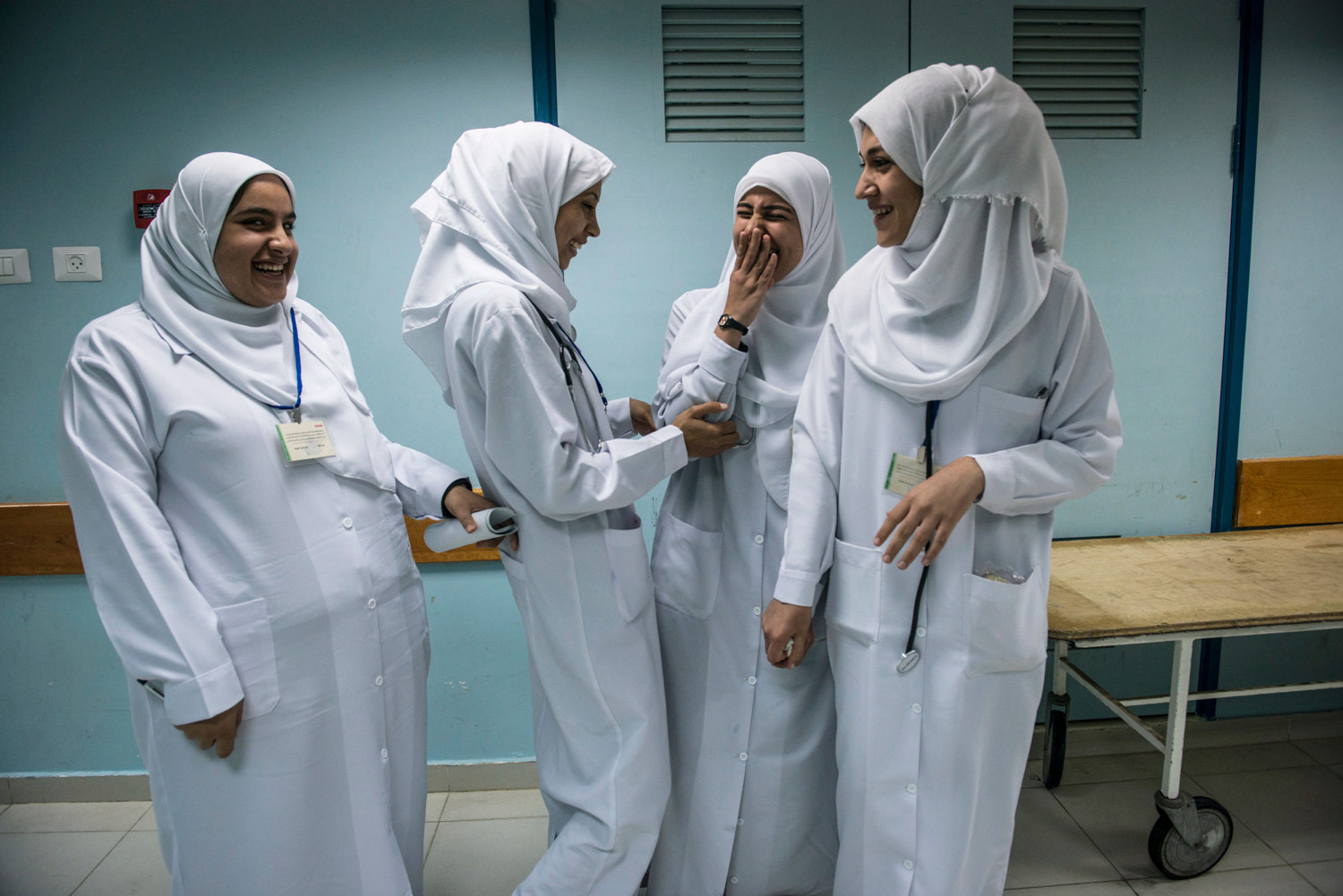  Medical students from Islamic University on break in the Maternity Ward of Al-Shifa Hospital in Gaza. 