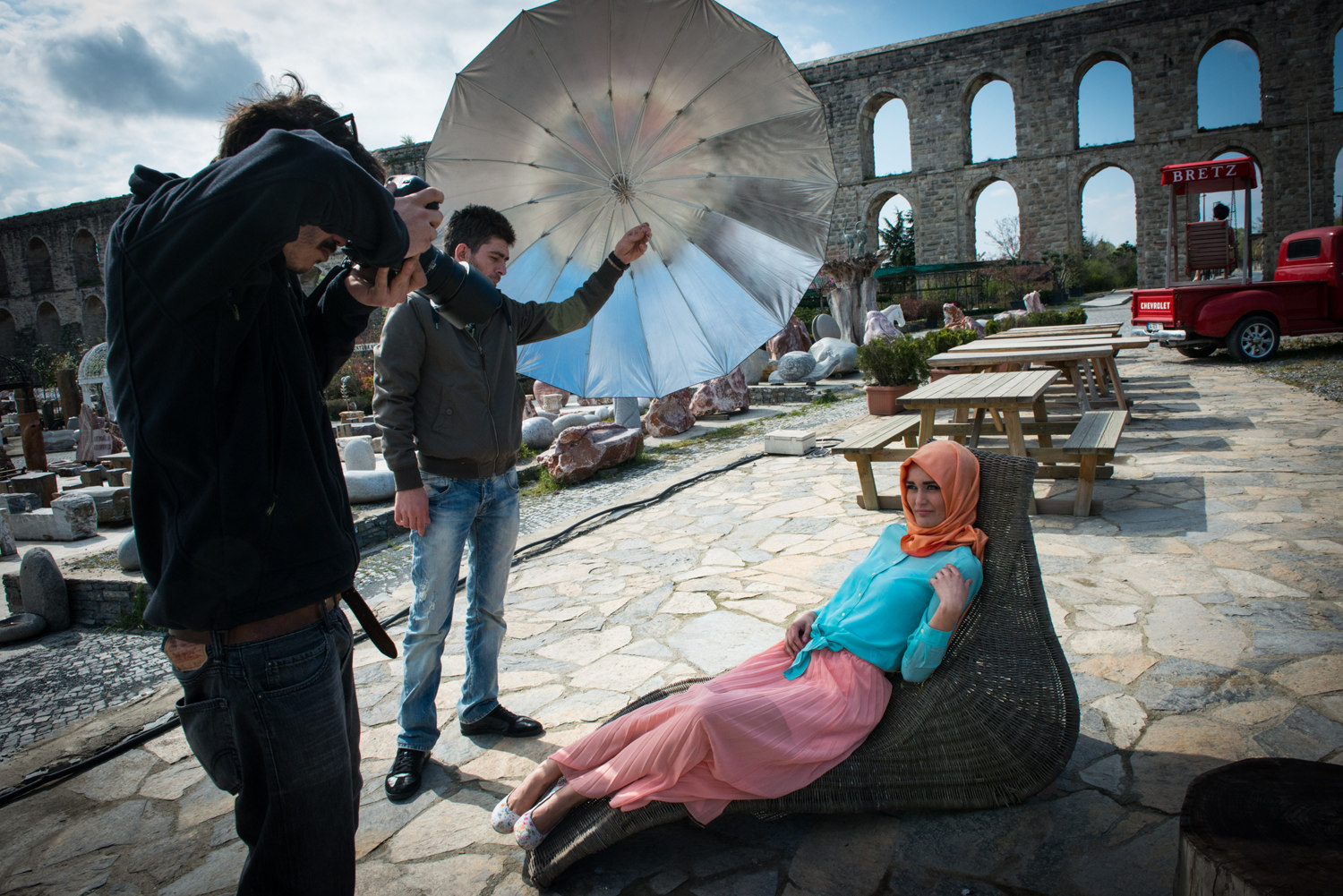  A model poses in front of the historic Aqueducts at a fashion shoot for ALA Magazine at Bretz Home in Kemerburgaz, Istanbul. Turkey 