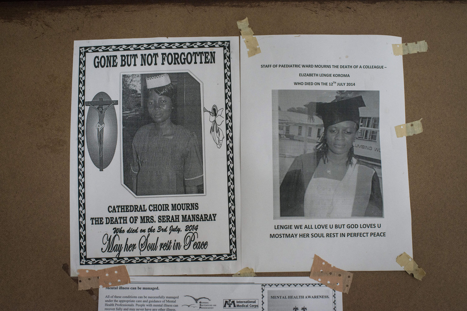  Posters memorializing health workers after ebola struck the town in  in Kenema Government Hospital in Kenema, Sierra Leone on November 10th, 2015.  