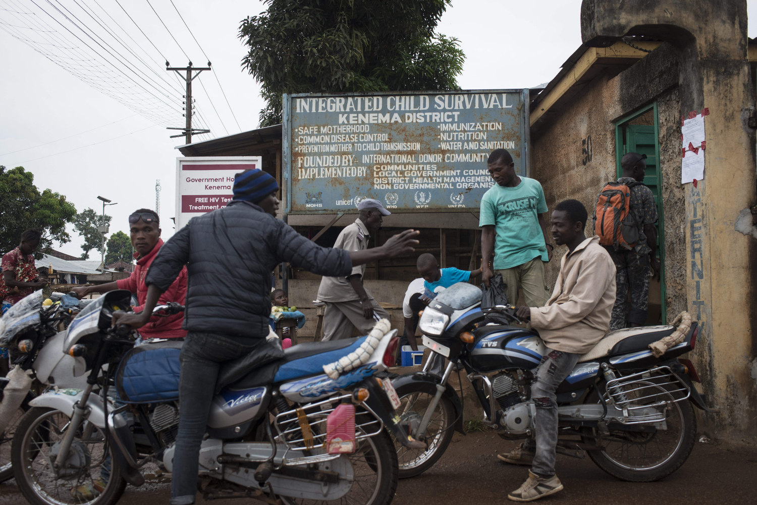  The exterior of Kenema hospital where motorbikes take patients home in Kenema, Sierra Leone on November 10th, 2015.  