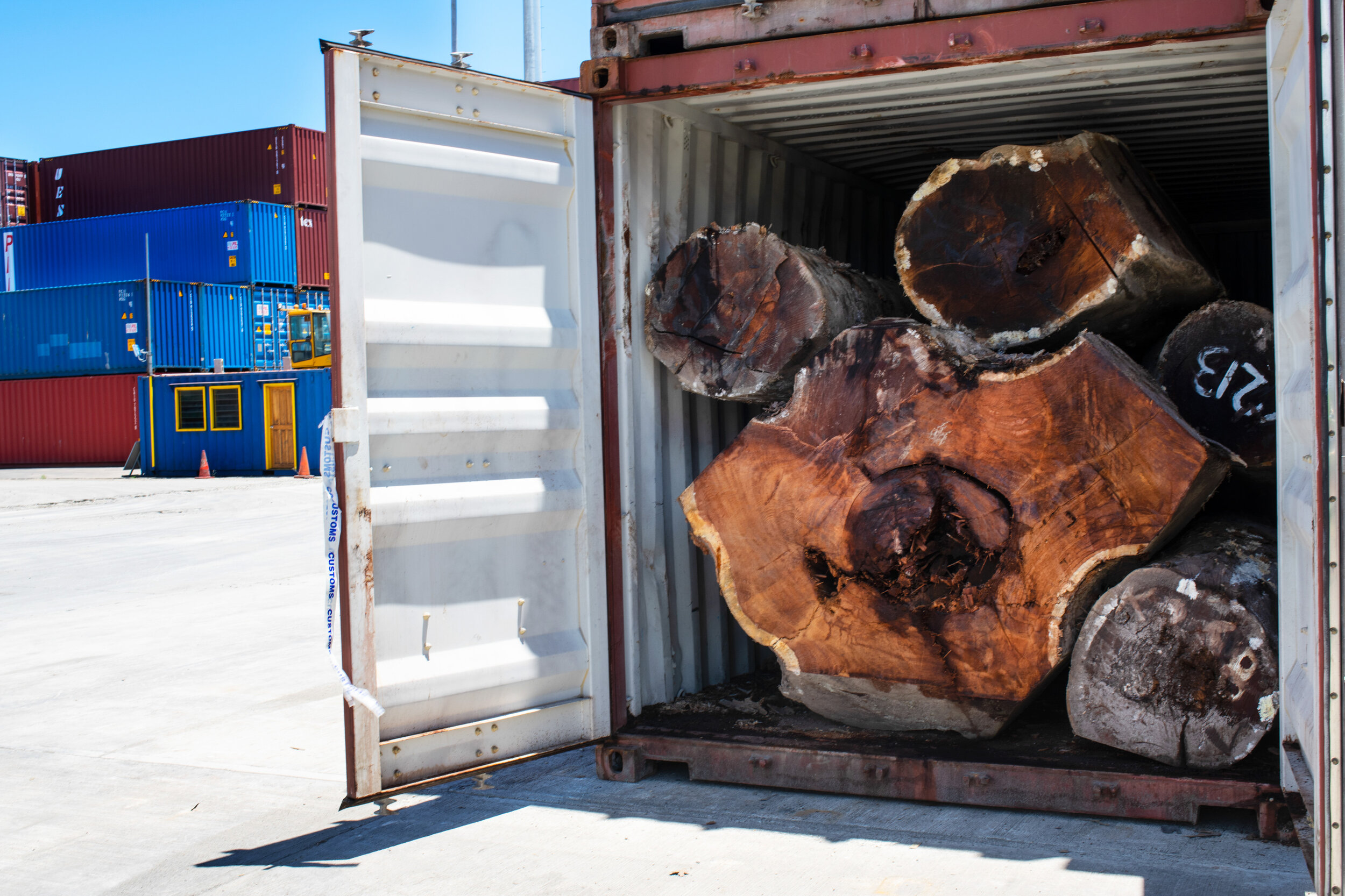  One of Nineteen containers of Kwila that was seized by the Customs Department of the Solomon Islands in the port of Honoria photographed on September 25th, 2019. At the time of photographing Jim Sutton, the head of Customs was waiting for confirmati