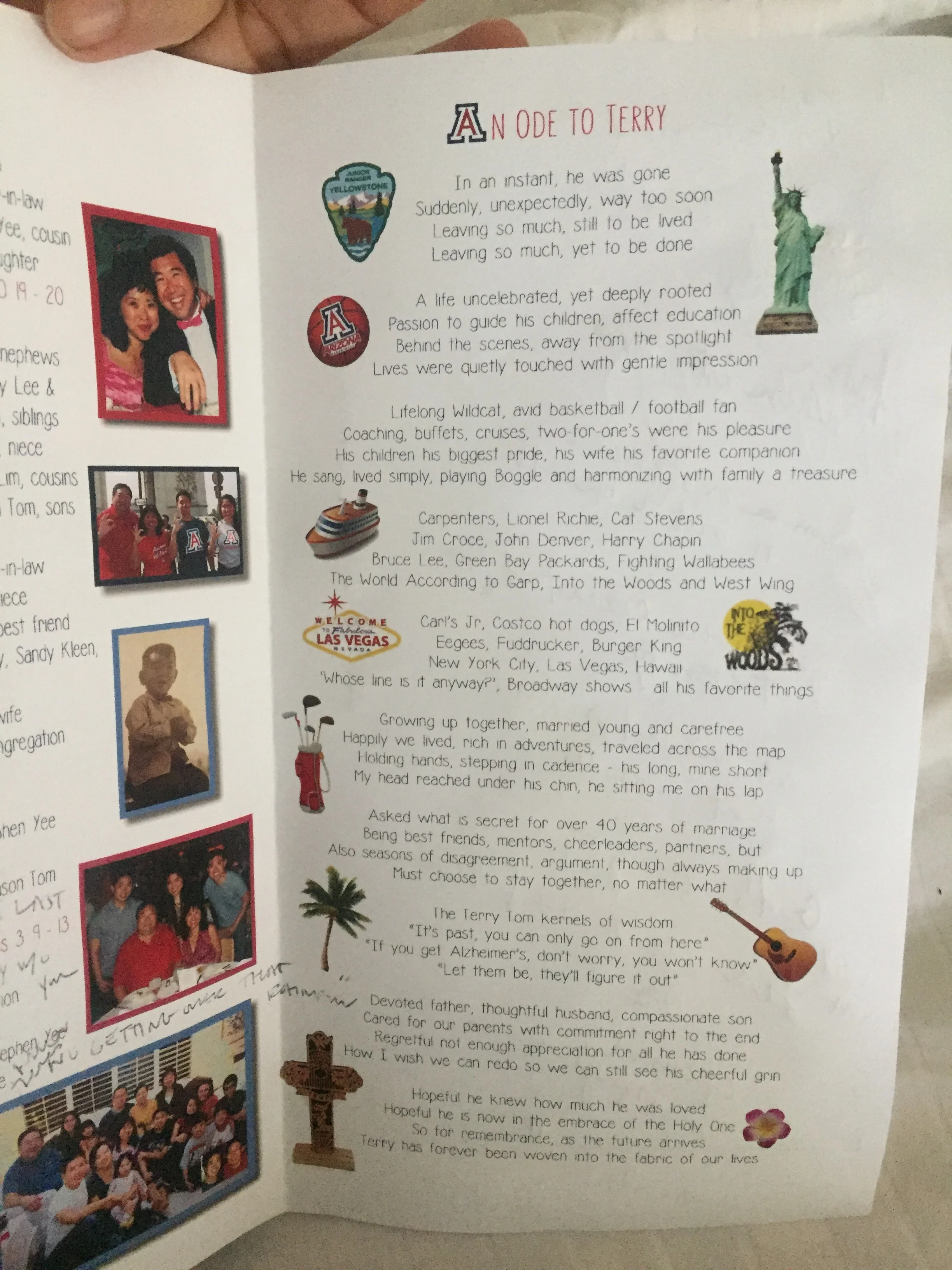 An Ode to Terry written by wife, Linda Tom.