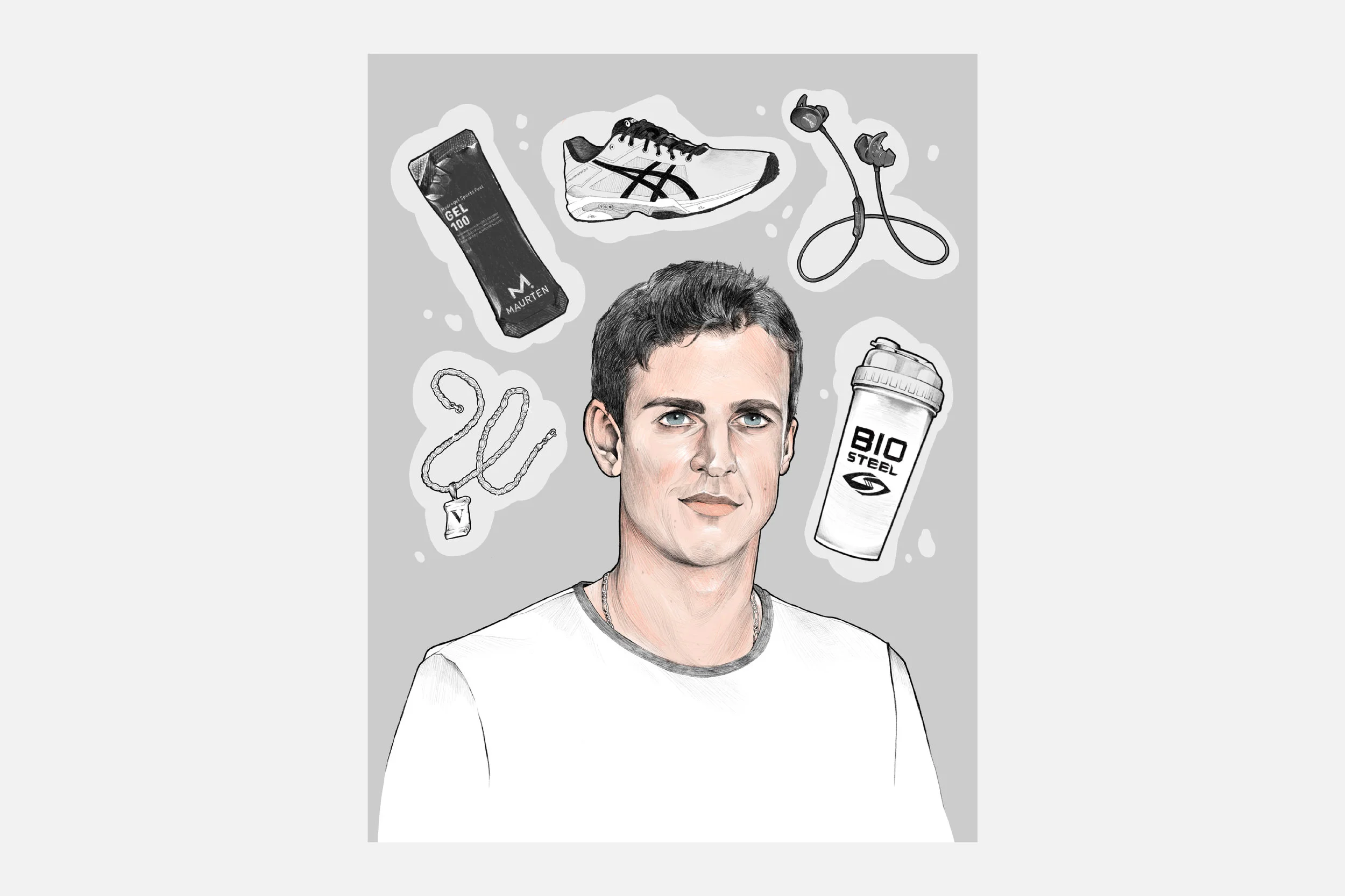 Portrait of Vasek Pospisil accompanied by the items in his gym bag.