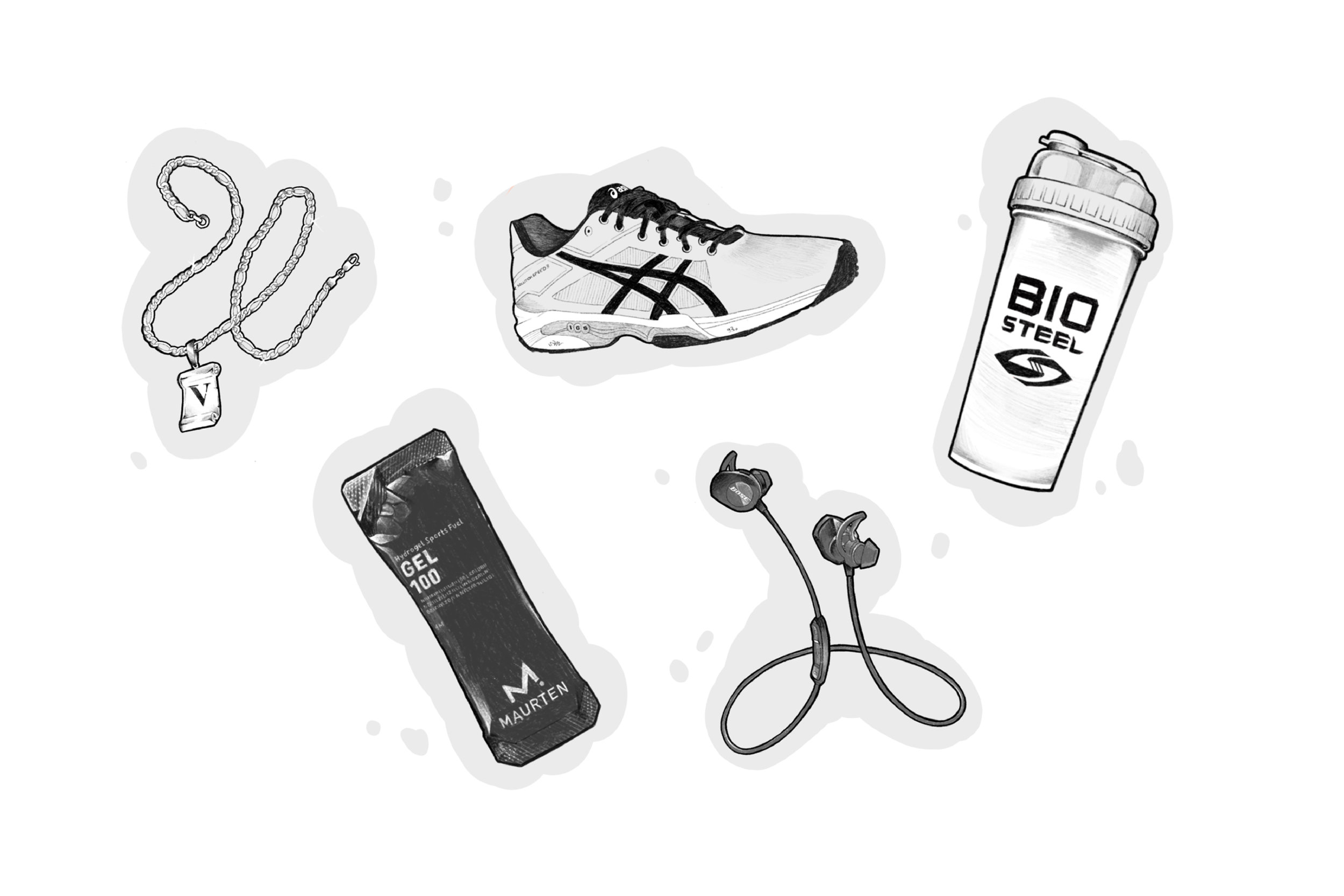 Items: Gold chain with "V" pendant, Asics Solution Speed Men’s Shoe, Biosteel Shaker Bottle, Maurten Gel, and Bose Sport Wireless Earphones