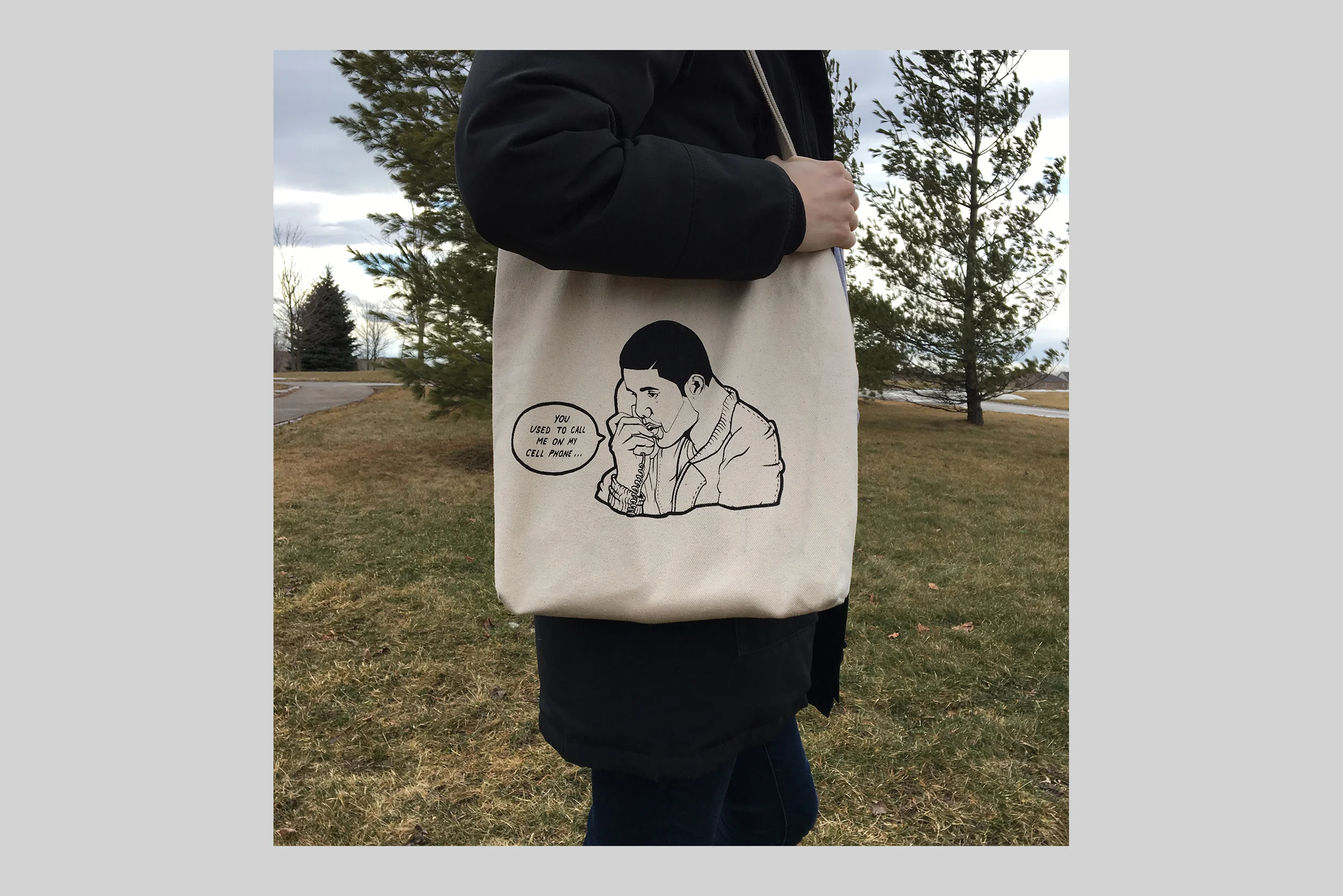 Screenprinted tote bage of Drake feat. Hotline Bling.