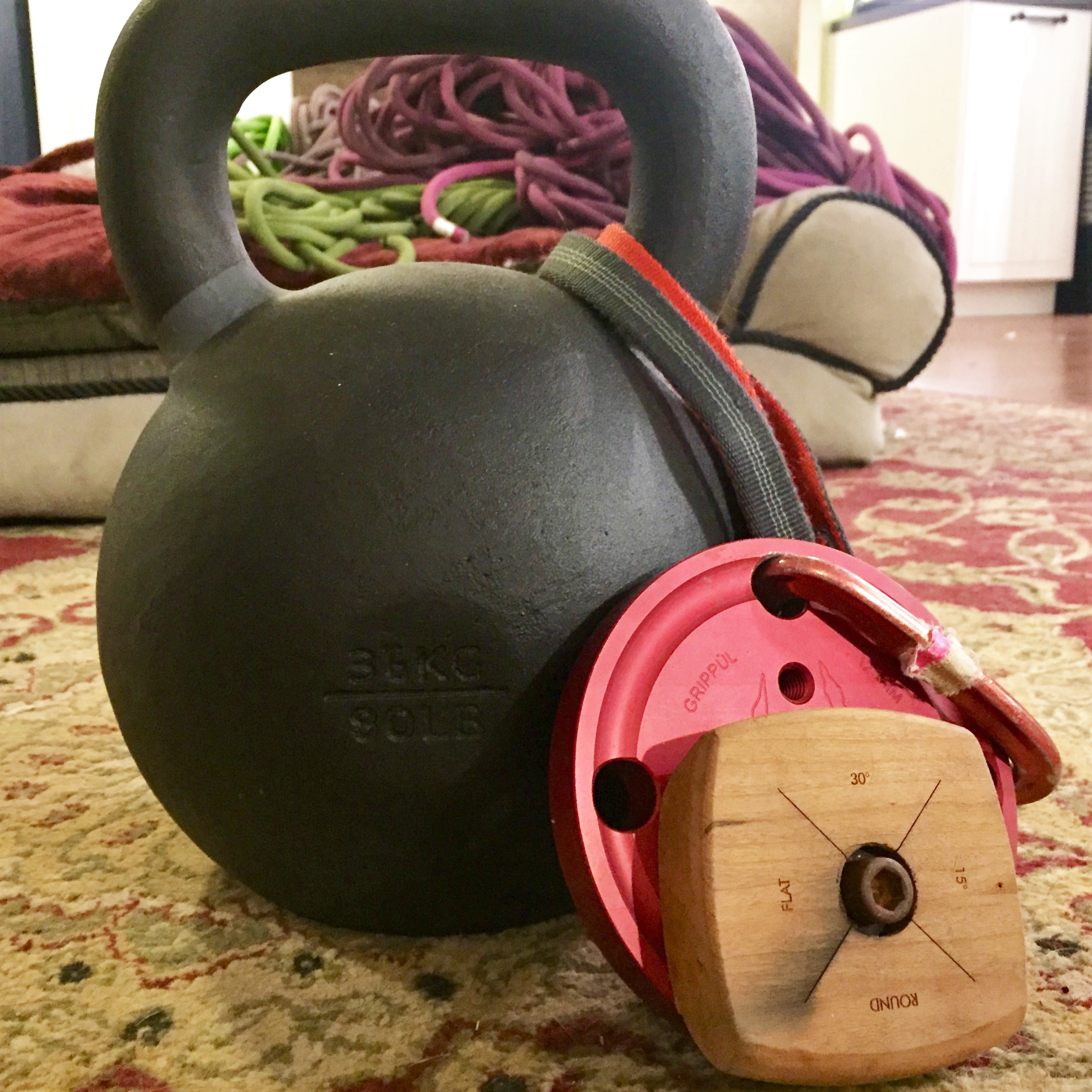 Simple home set up - an 80 pounder, a sling, a biner and the Grippul.
