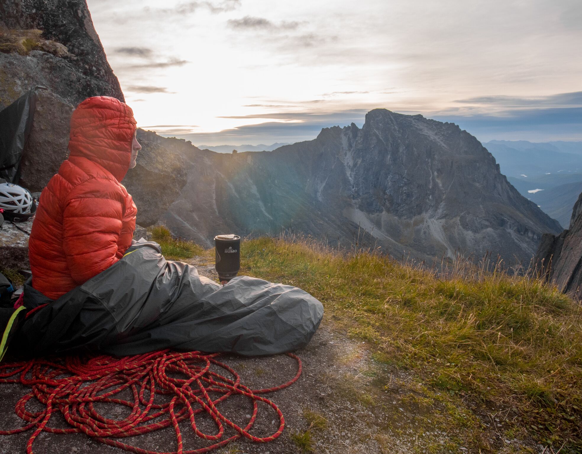 Jim enjoying breakfast on the bivy ledge. PC: Taylor Zann