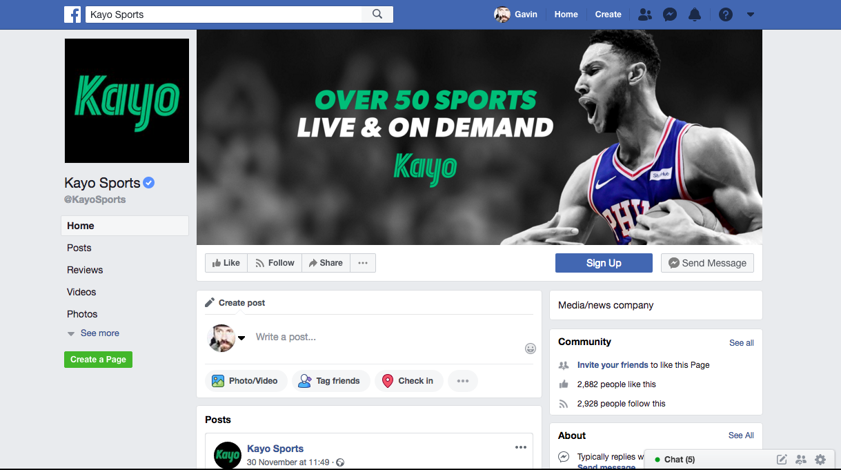  Kayo Sports Facebook page featuring Ben Simmons 