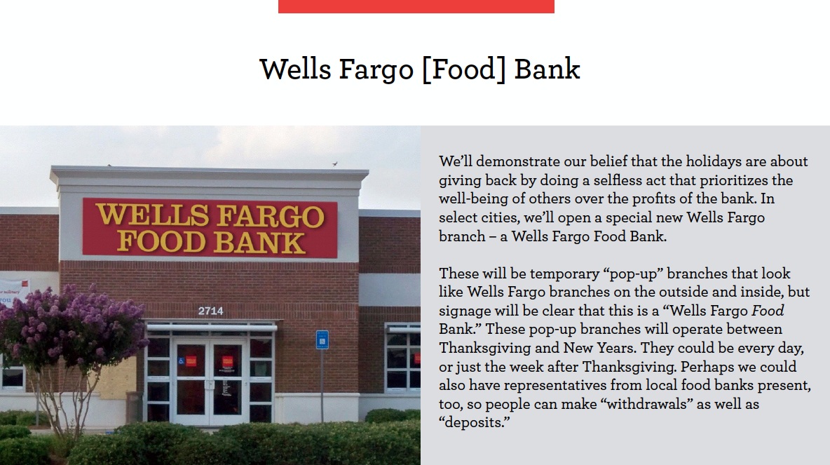   Wells Fargo - Food bank charity  Amongst the many charities that Wells Fargo supports it has a long running Food Bank drive around the holidays helping gather food for the needy.  Wells Fargo is wanting to initiate a Food Drive over the Holiday per