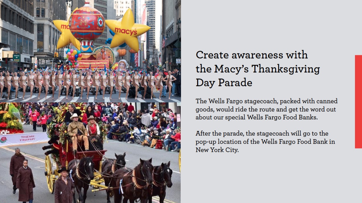   Wells Fargo - PR &amp; Exposure  The Food Bank charity will get exposure in the annual Macy’s Thanksgiving Parade in NYC.  