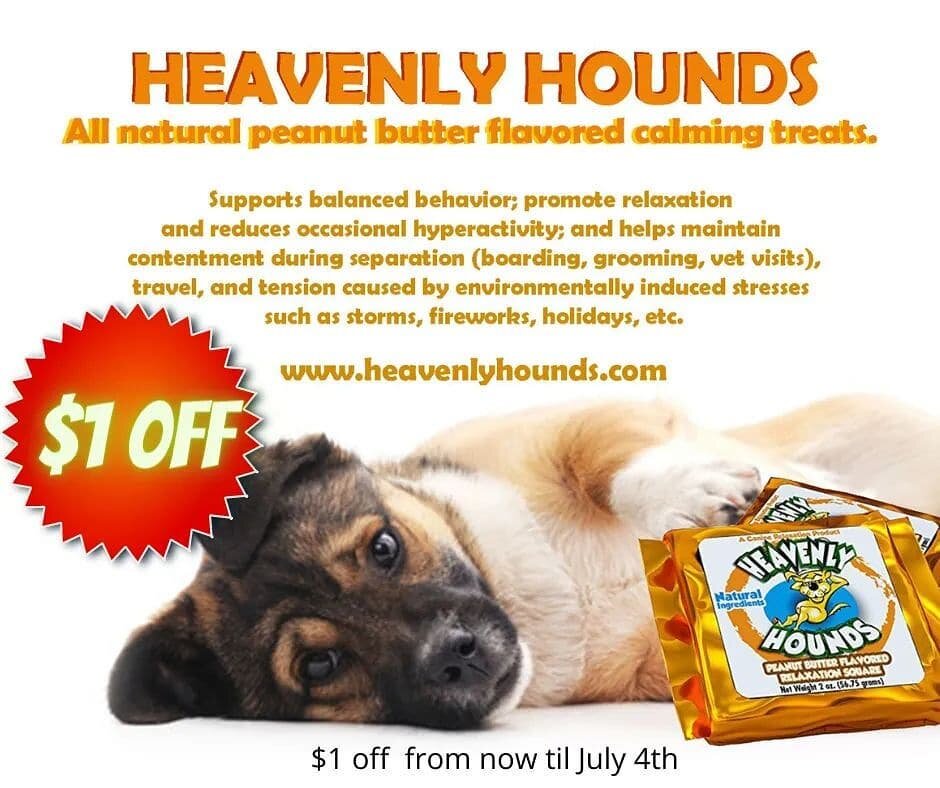 'Tis the season of thunderstorms and fireworks. These Heavenly Hounds peanut butter calming treats use all natural herbs and is CBD free. They can help minimize your pup's stress during this time. Right now we are offering $1 off each bar. 
Regular p