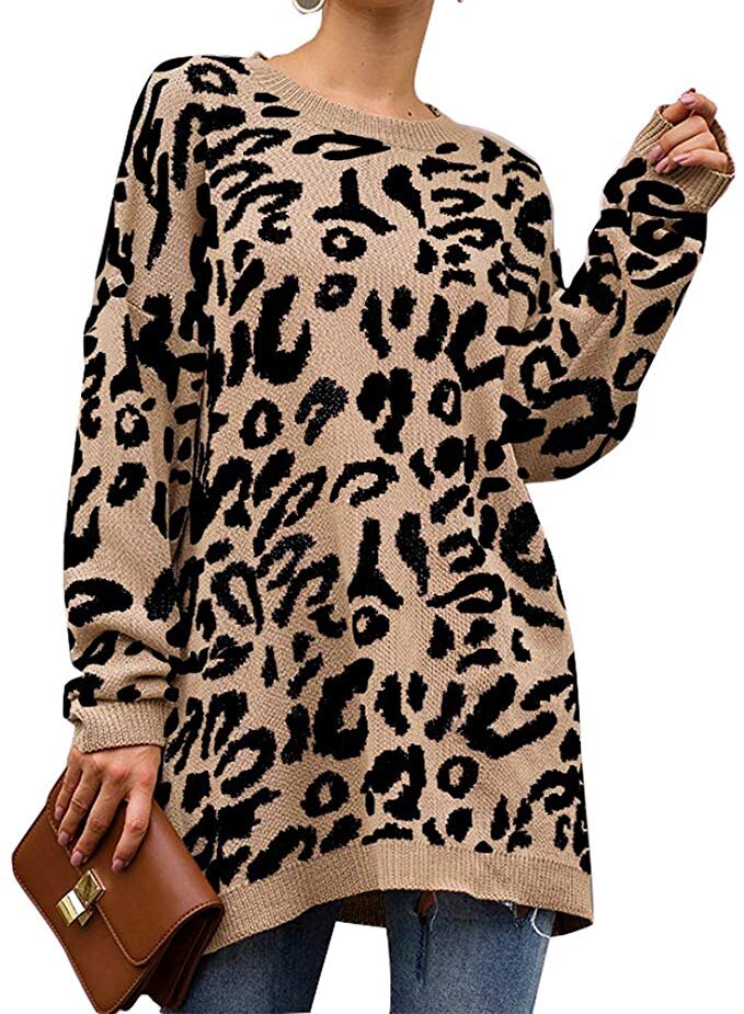Leopard Print Long Sleeve Crewneck Sweater