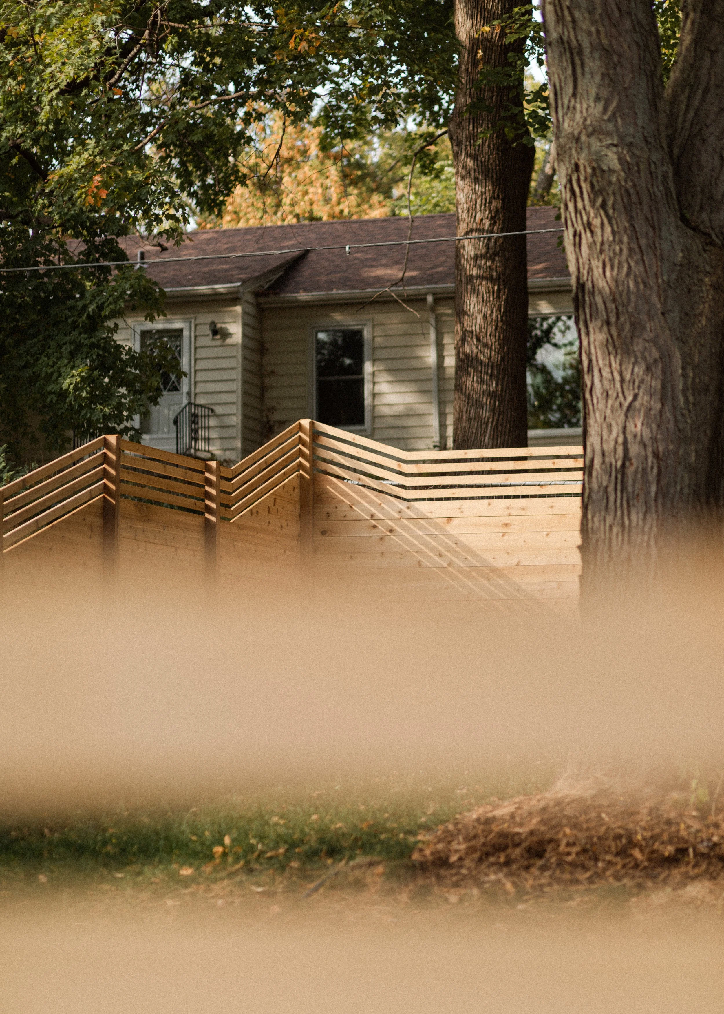 A house in the background behind a wooden fence, trees with autumn leaves, and a yard with fallen leaves and grass.