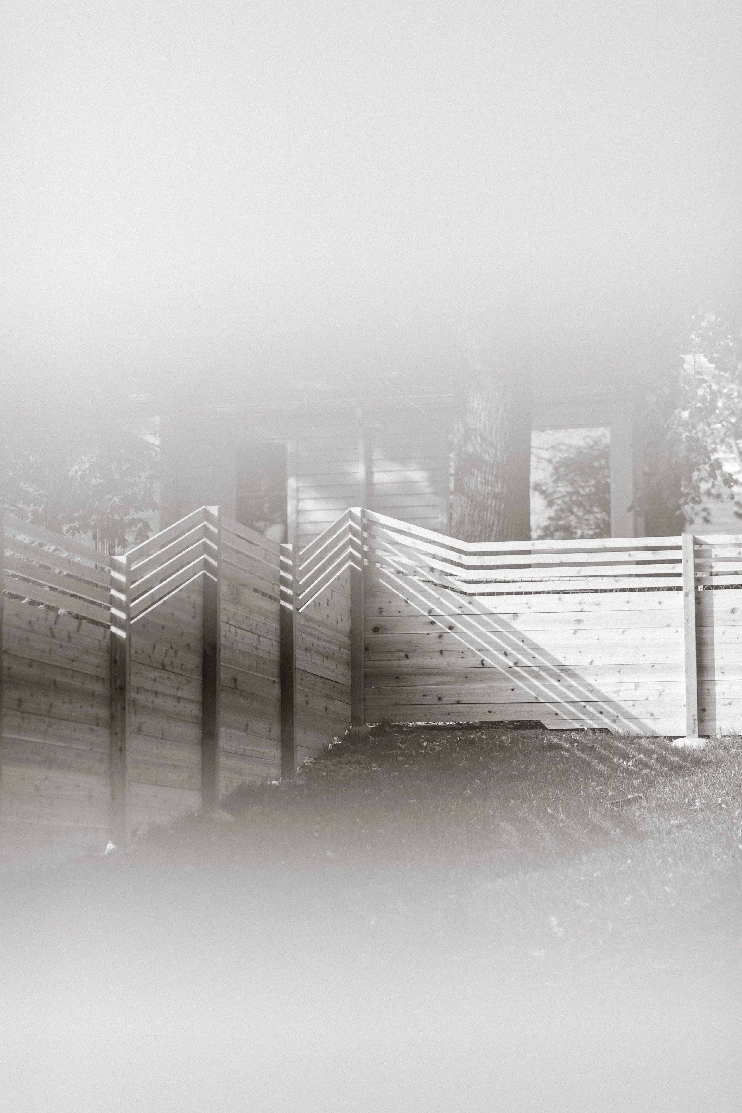 A newly built wooden fence with diagonal slats, extending from the left to the right of the image, with a gate in the center, in a backyard with grass and a house in the background, and a large tree visible behind the fence.