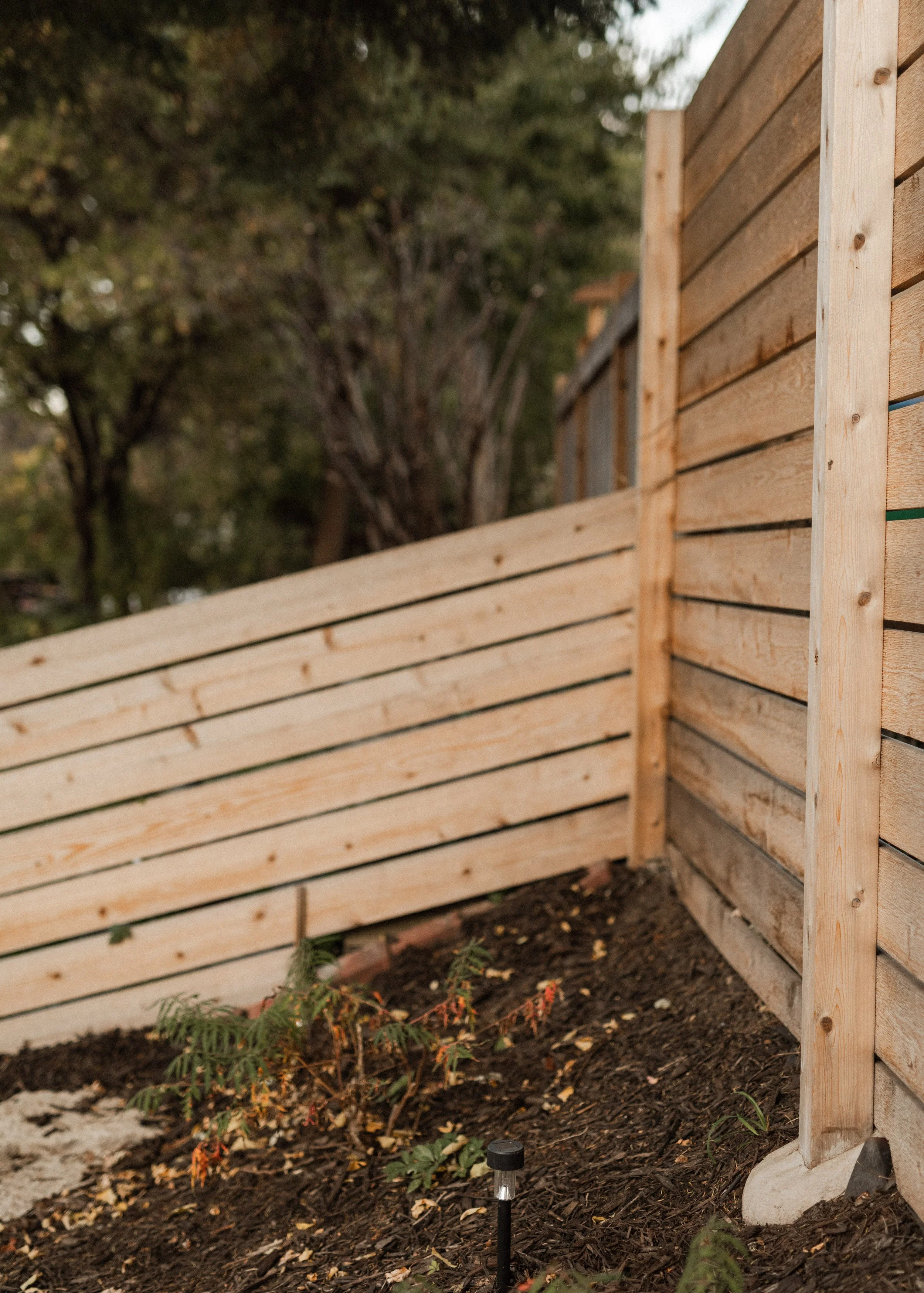 Wooden privacy fence with horizontal slats in a garden or yard, with plants, small landscape lights, and trees in the background.