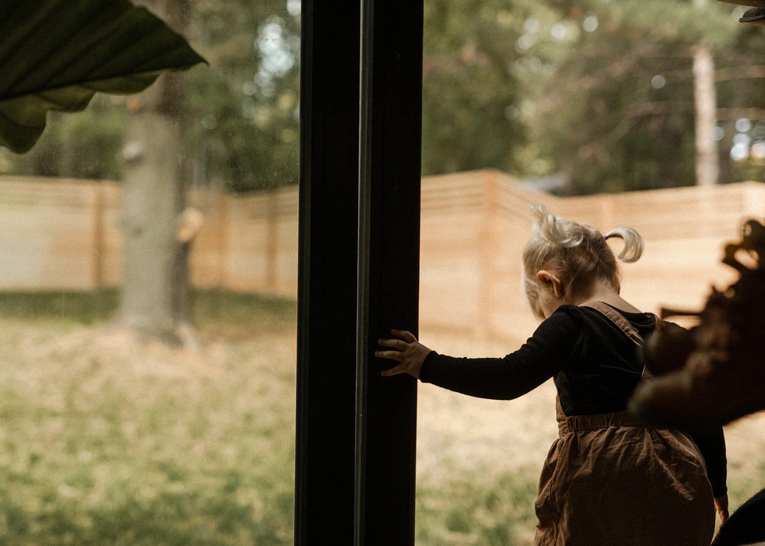 Child standing outside, holding onto a glass door and looking outside. Tree and fence visible in the background.