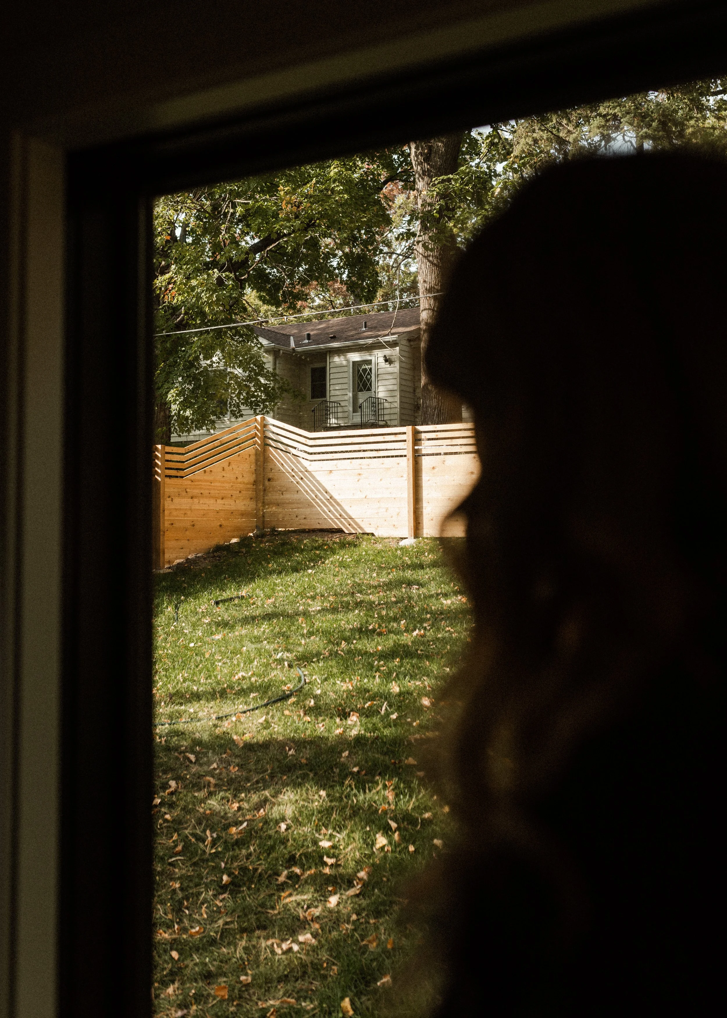 A backyard view through a window screen showing a wooden fence, a grassy lawn with fallen autumn leaves, a large tree, and a house with a small porch and stairs in the background.