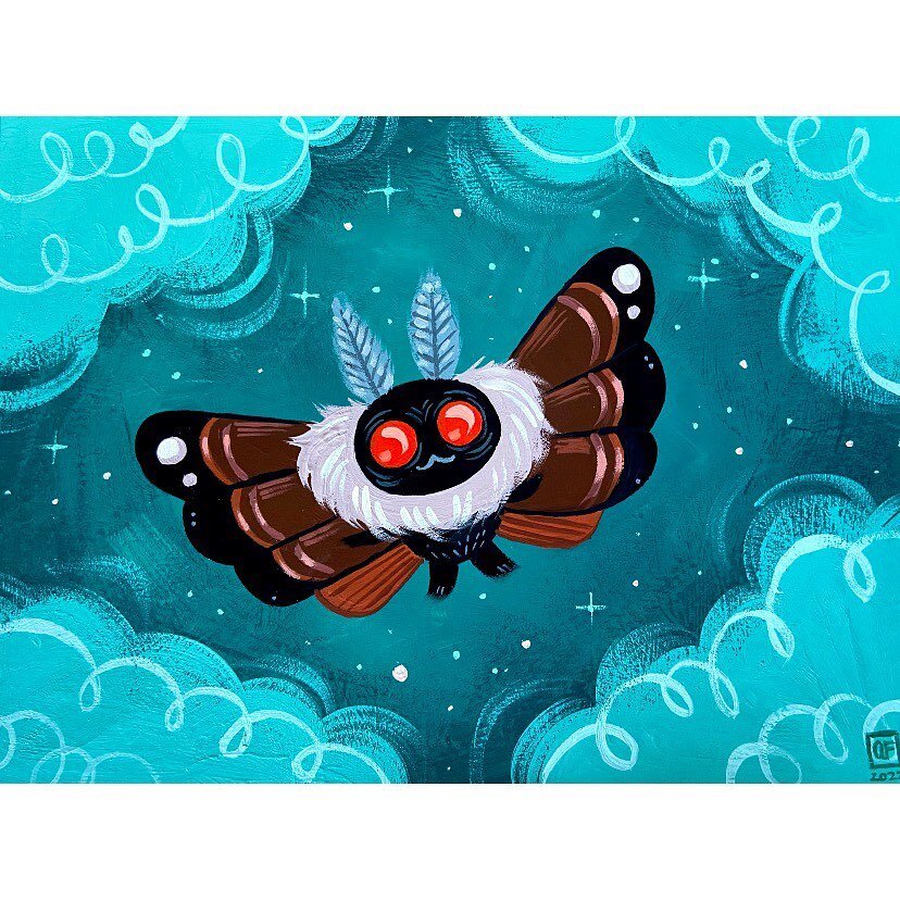 Day 30 of #AFinktober2023 is CRYPTID! So here&rsquo;s everyone&rsquo;s favorite lil spook, Mothman!
*
*
*
#mothman #illustrationartists #spookyseason #painting #cryptid
