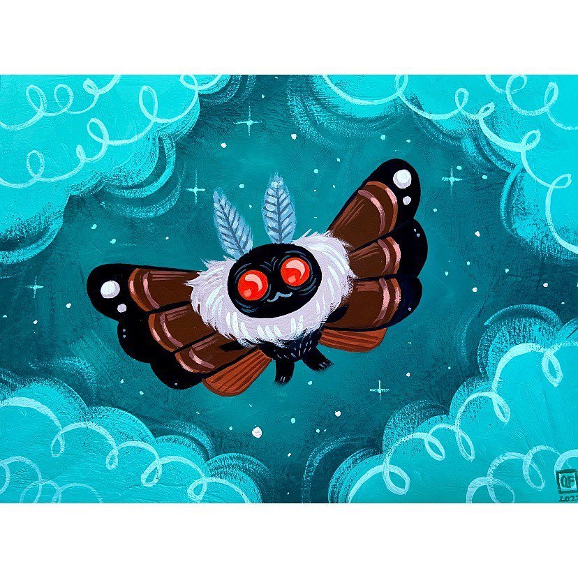 Update- *SOLD* Day 30 of #AFinktober2023 is CRYPTID! So here&rsquo;s everyone&rsquo;s favorite lil spook, Mothman!
*
*
*
#mothman #illustrationartists #spookyseason #painting #cryptid