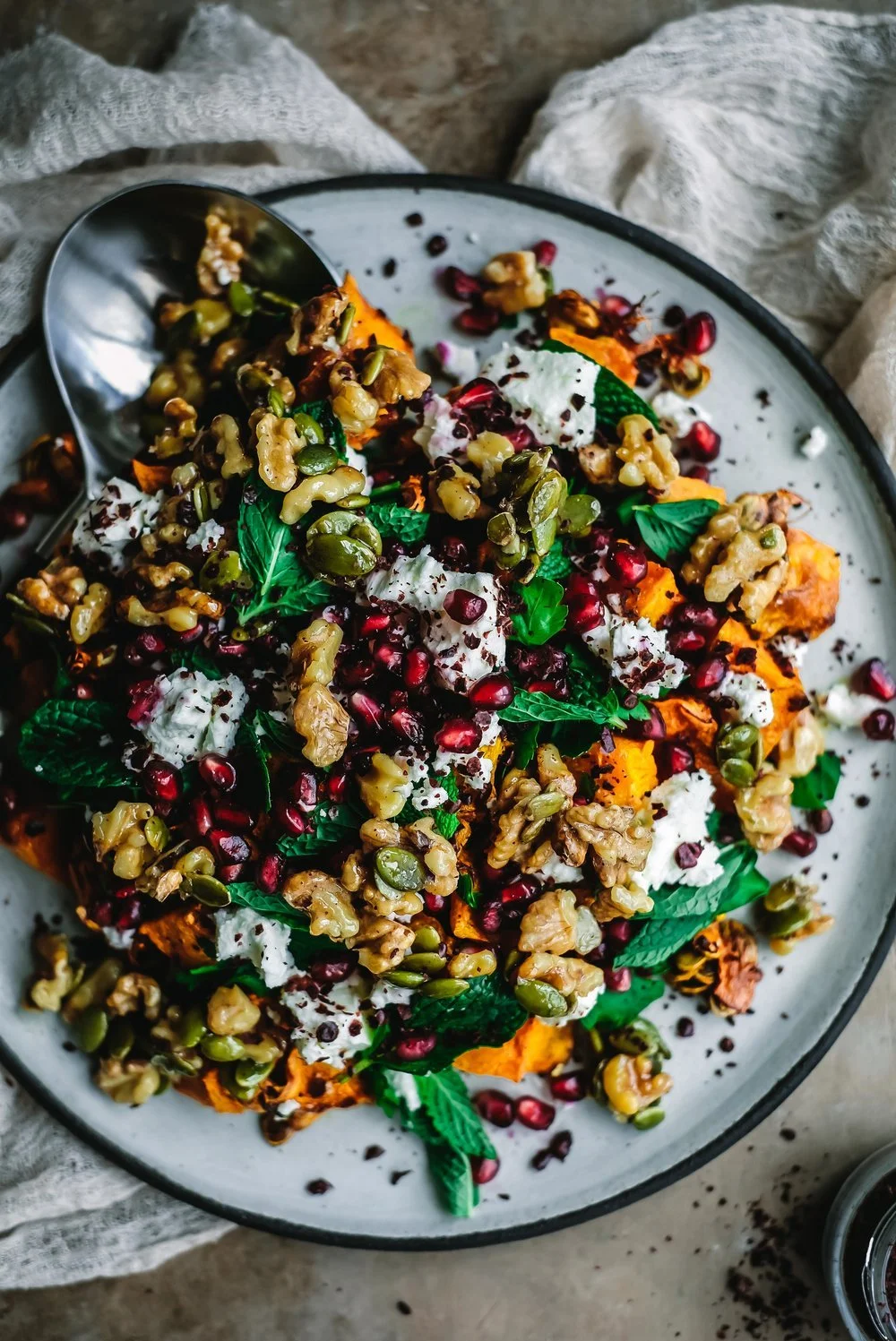 Roasted Pumpkin Salad with Goat's Cheese, Pomegranate, and Honeyed Walnuts