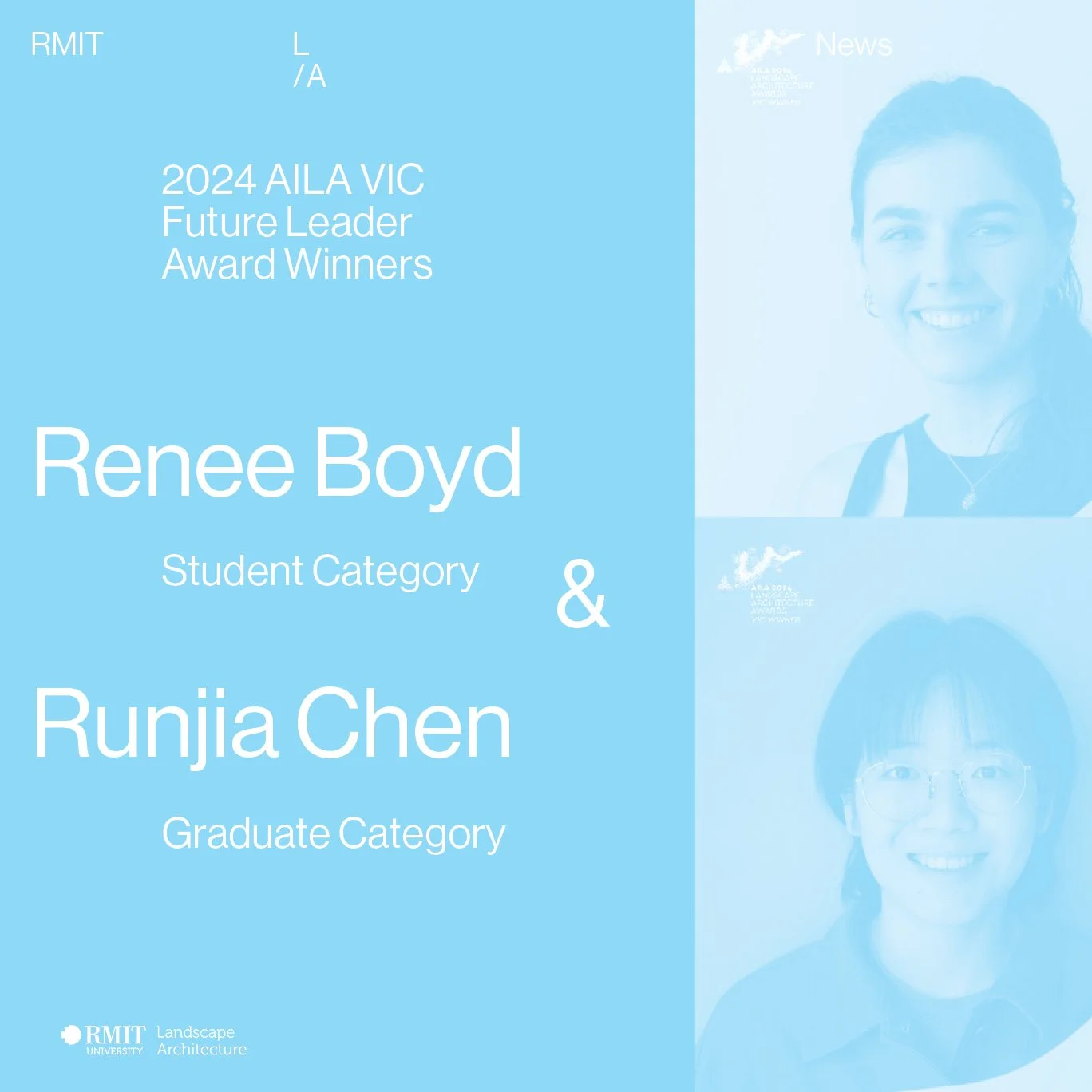 Congratulations to RMIT Landscape Architecture MLA student Renee Boyd and MLA graduate Runjia (Fiona) Chen on their success at the 2024 AILA VIC Awards!
.
Both Renee and Fiona won the &lsquo;Future Leader Award&rsquo; which recognises achievements by