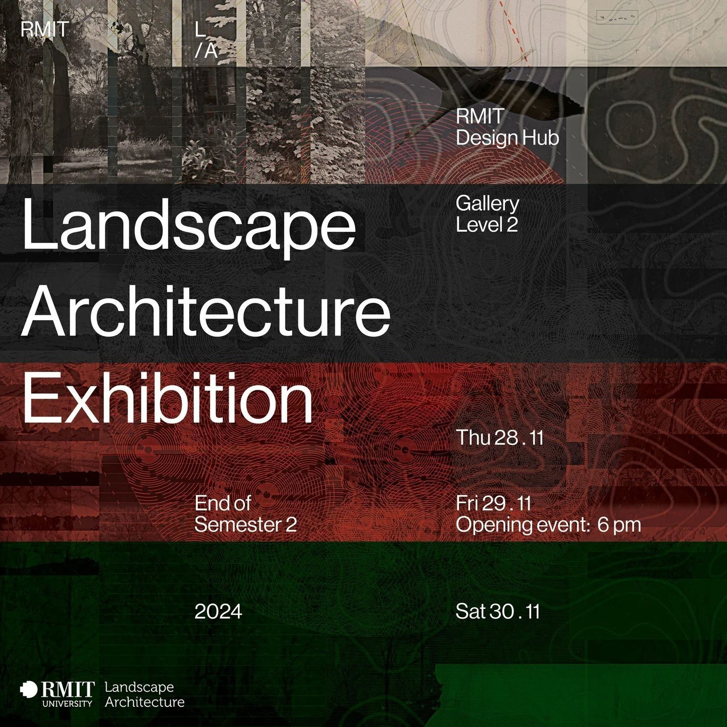 THIS FRIDAY Nov 29, 6pm - Join us for the RMIT Landscape Architecture Semester Two Exhibition opening event!

It will be a celebration of work across the Bachelor and Masters programs from Semester 2, 2024. See you there.

Opening Night Event
6pm Fri
