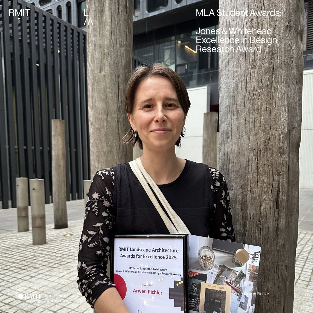 MLA Graduating Awards 2025 -

Jones &amp; Whitehead Excellence in Design Research Award Winner:

Recipient: Arwen Pichler

Project Title: Conversational Assemblages: explorations into Traditional Owner engagement

Supervisor: Jen Lynch

Synopsis:

Co