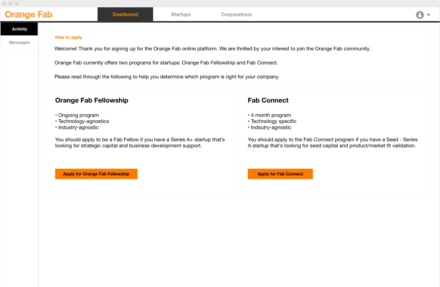 Onboarding page for startup users