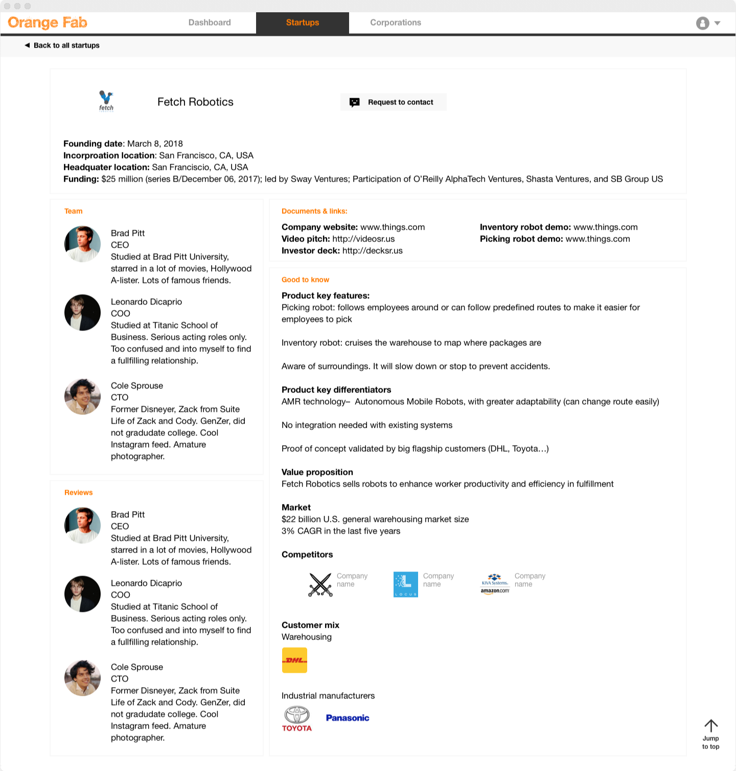 Individual startup profile