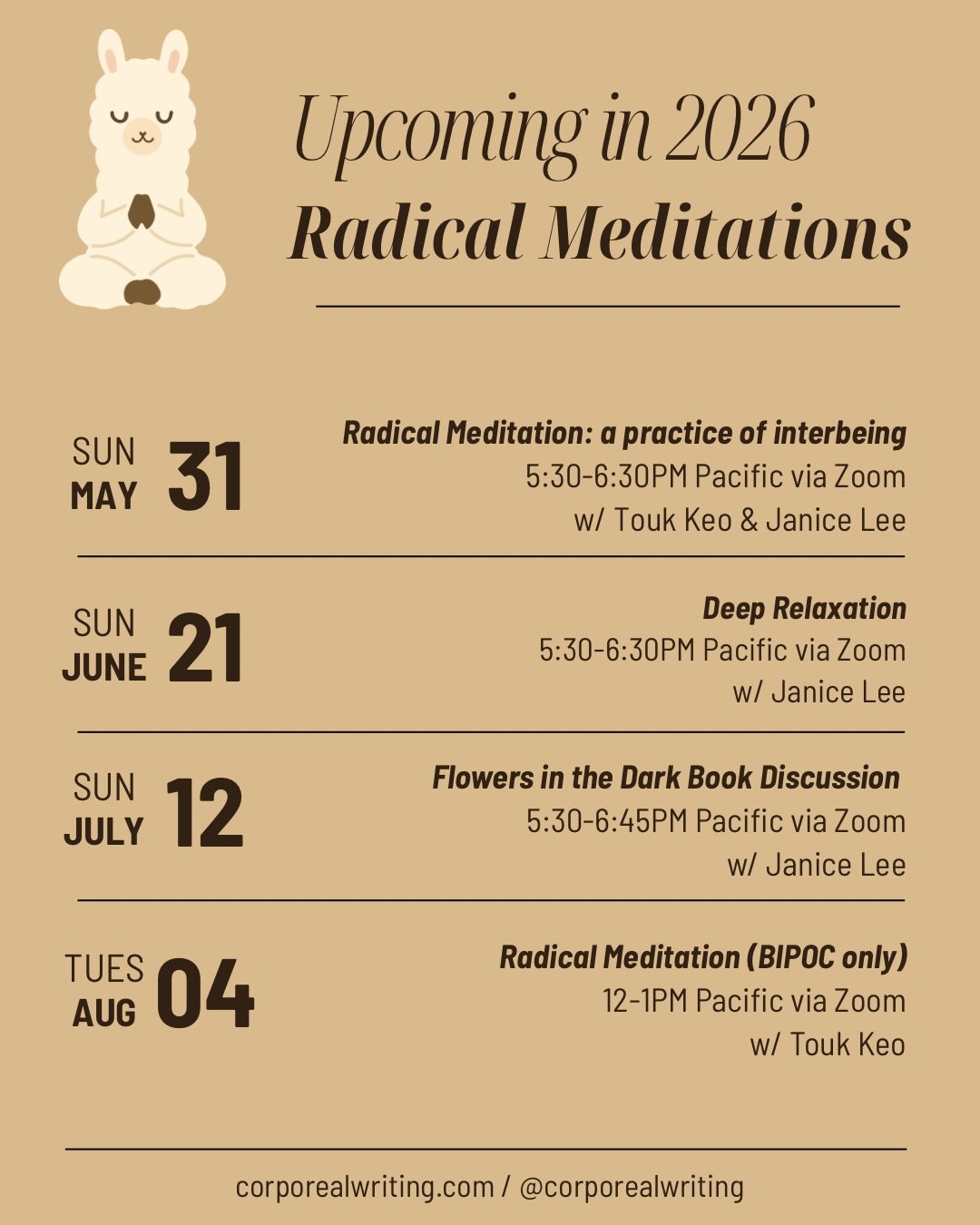 Upcoming Radical Meditations facilitated by Janice Lee &amp; Touk Keo. 

Please join us for a monthly meditation and conversation on the practice of sitting or lying in meditation in a time of political, environmental, and personal crisis, especially