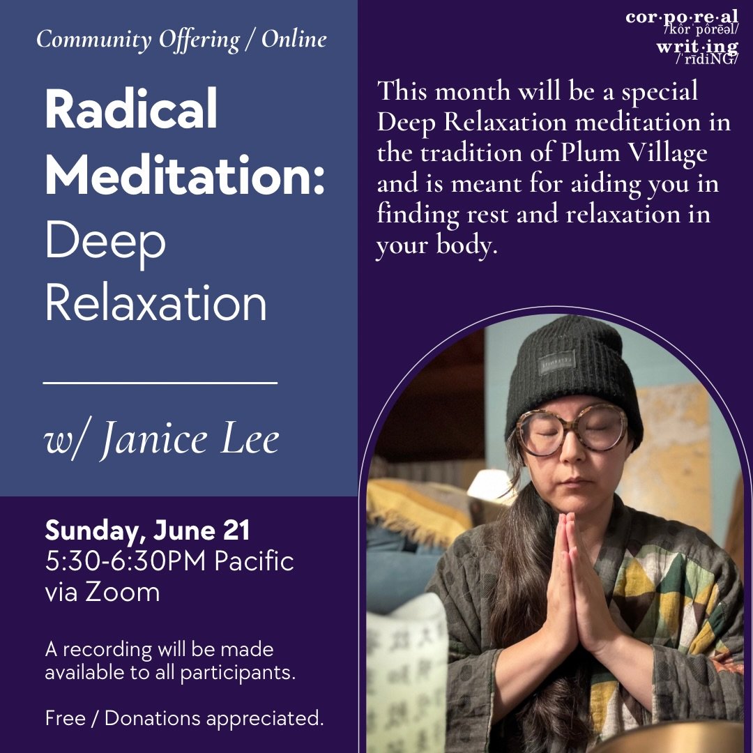 Radical Meditation: a practice of interbeing in times of crisis.

Deep Relaxation
w/ Janice Lee
Sunday, June 21
5:30-6:30PM Pacific over Zoom

Please join us for a monthly meditation and conversation on the practice of sitting or lying in meditation 